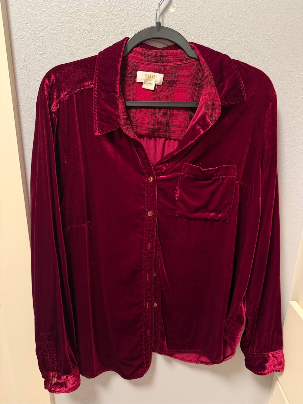 Anthropologie Velvet Button-Up Blouse in Deep Wine Red
